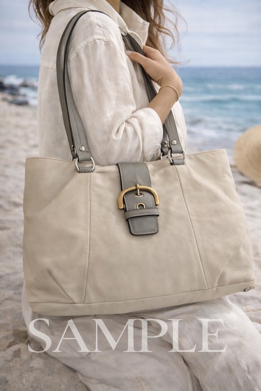 Coach Leather Tote Bag Cream Ivory Gray Trim Buckle Front Shoulder Bag 11875